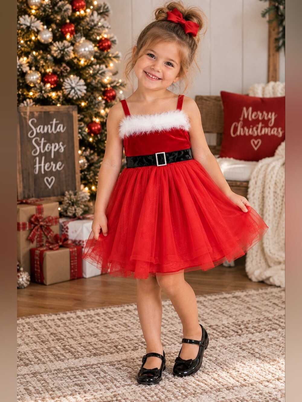 Girls Santa Christmas Dress & Shawl Holiday Costume 3-4Y
